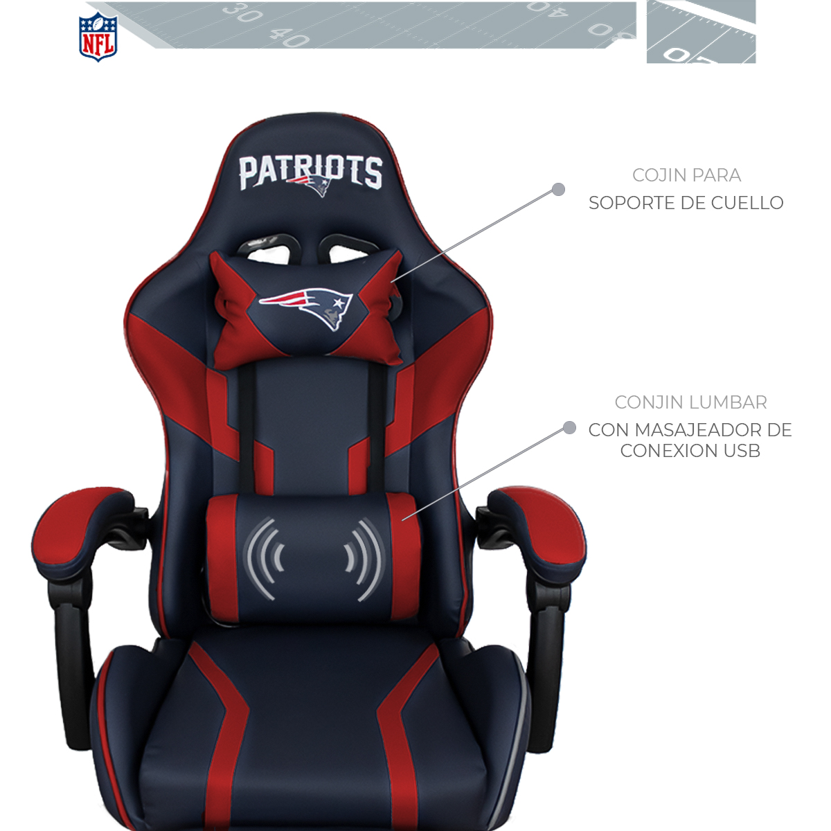 Foto 5 pulgar | Silla Gamer NFL New England Patriots Reclinable Con Reposapiés