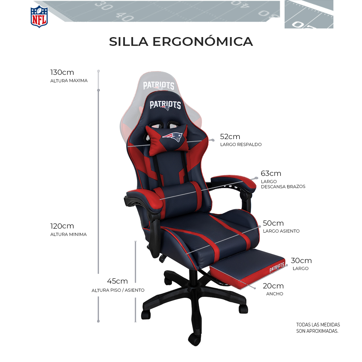 Foto 6 pulgar | Silla Gamer NFL New England Patriots Reclinable Con Reposapiés