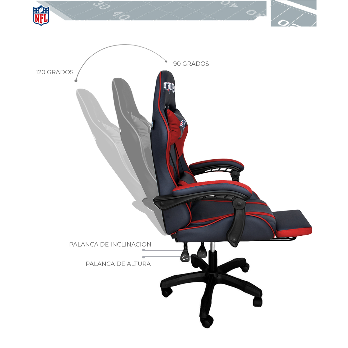 Foto 9 pulgar | Silla Gamer NFL New England Patriots Reclinable Con Reposapiés