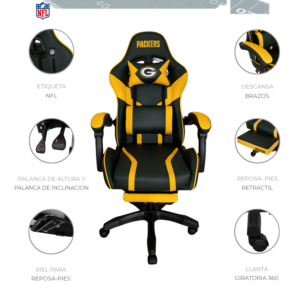 Foto 6 pulgar | Silla Gamer Reclinable NFL Green Bay Packers con Reposapiés Retráctil