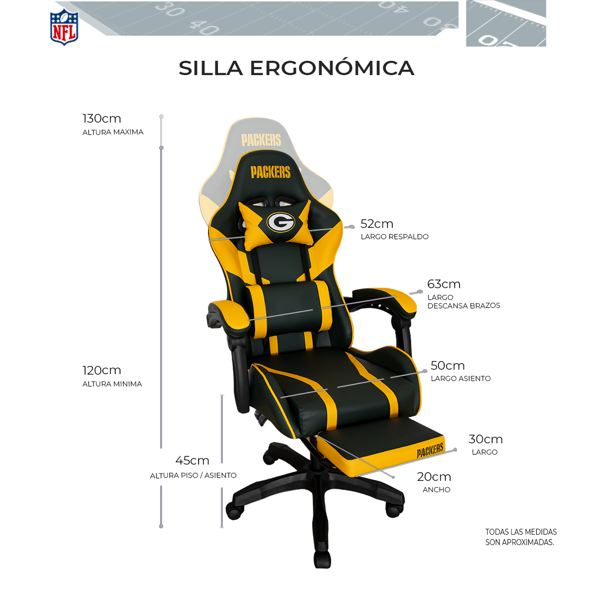 Foto 8 pulgar | Silla Gamer Reclinable NFL Green Bay Packers con Reposapiés Retráctil