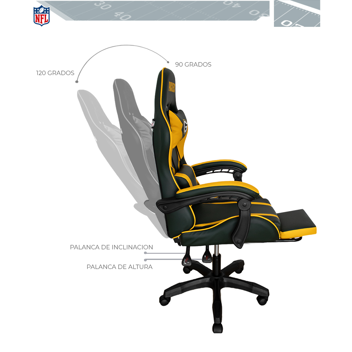 Foto 9 pulgar | Silla Gamer Reclinable NFL Green Bay Packers con Reposapiés Retráctil