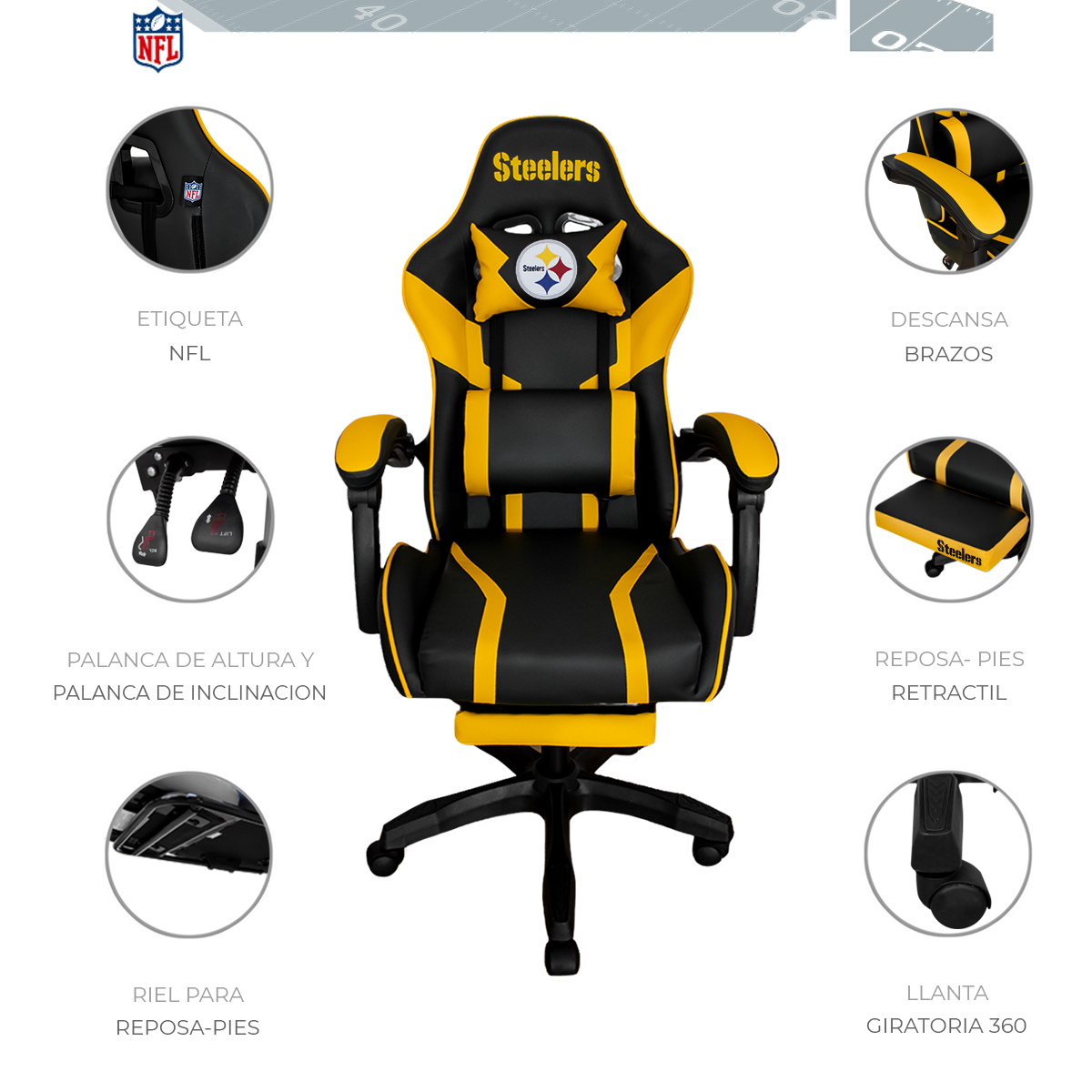 Foto 4 pulgar | Silla Gamer NFL Pittsburgh Steelers Reclinable