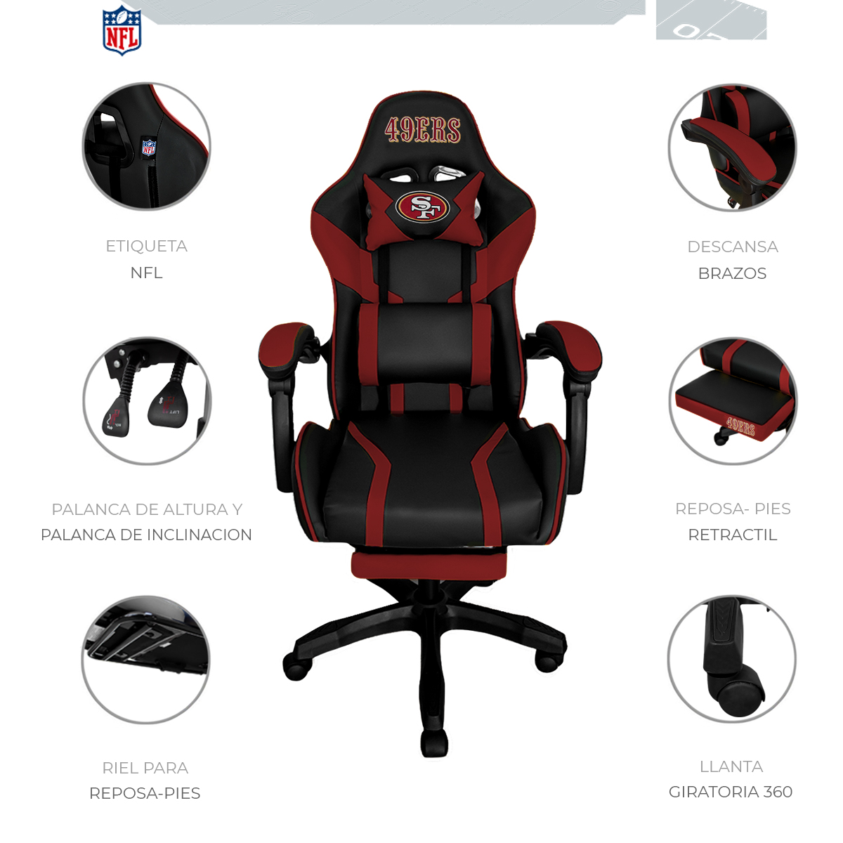Foto 4 pulgar | Silla Gamer NFL San Francisco49s Reclinable