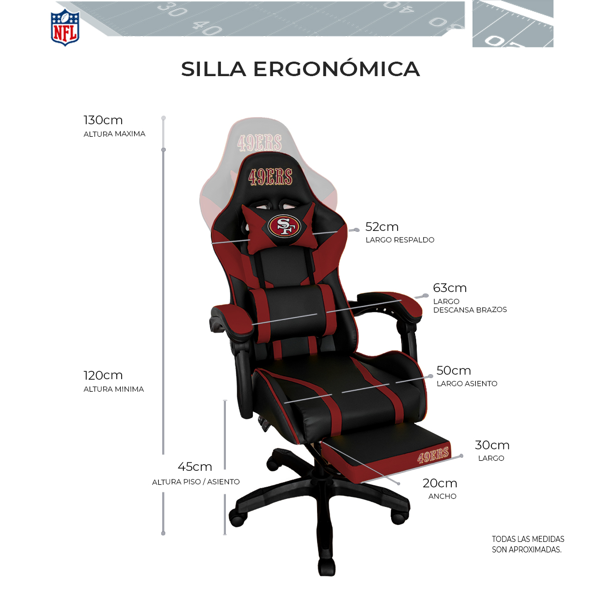 Foto 6 pulgar | Silla Gamer NFL San Francisco49s Reclinable