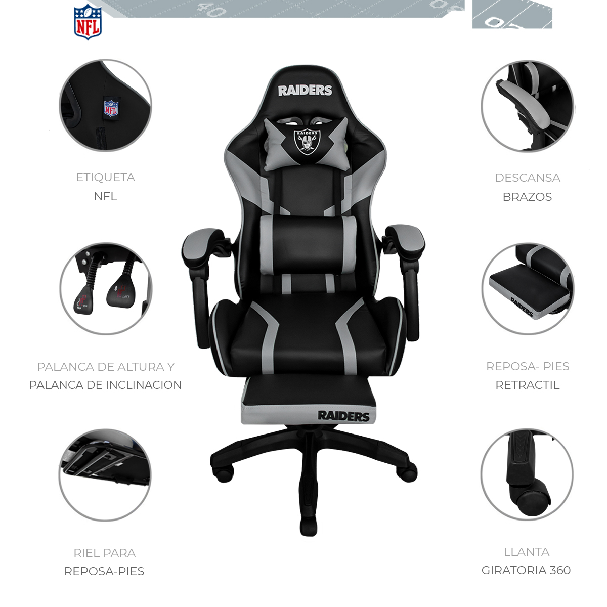 Foto 4 pulgar | Silla Gamer NFL Las Vegas Raiders Reclinable