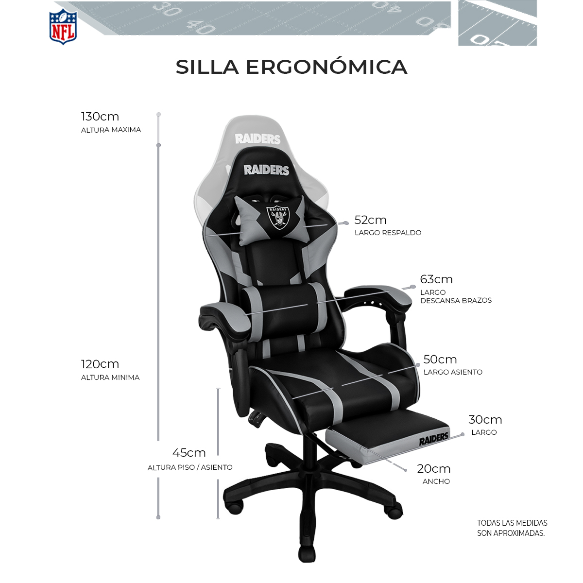 Foto 6 pulgar | Silla Gamer NFL Las Vegas Raiders Reclinable