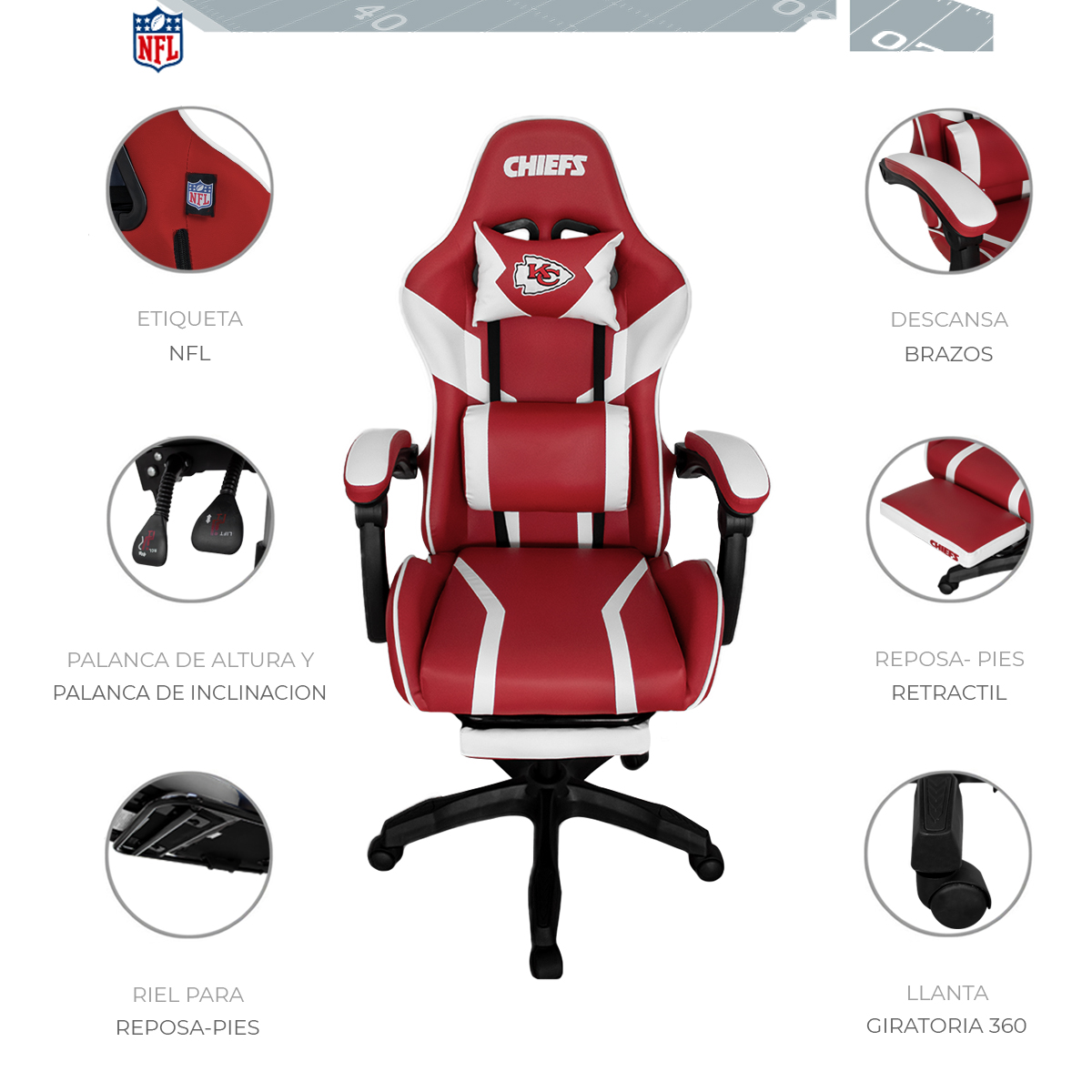 Foto 6 pulgar | Silla Gamer Reclinable NFL Kansas City Chiefs con Reposapiés