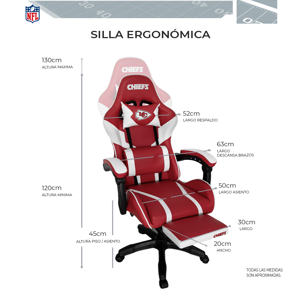 Foto 8 pulgar | Silla Gamer Reclinable NFL Kansas City Chiefs con Reposapiés