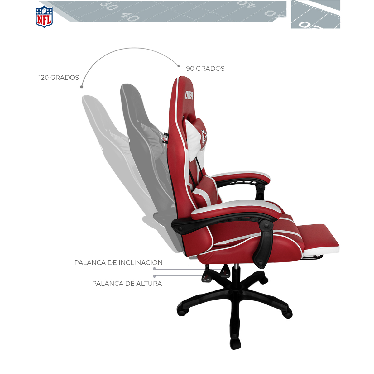 Foto 9 pulgar | Silla Gamer Reclinable NFL Kansas City Chiefs con Reposapiés