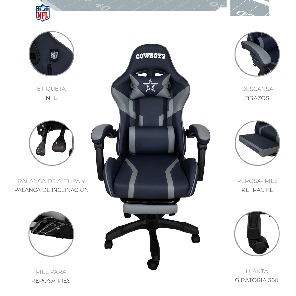 Foto 4 pulgar | Silla Gamer NFL Dallas Cowboys Reclinable