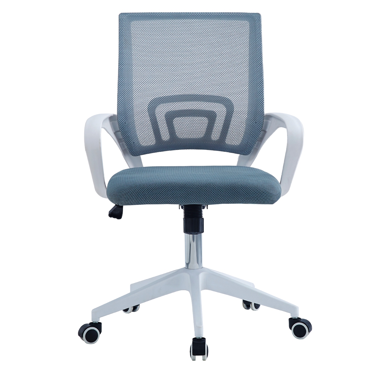 Silla De Oficina Giratoria Gris Y Blanca. Altura Ajustable, Asiento Acolchado Y Base De Metal