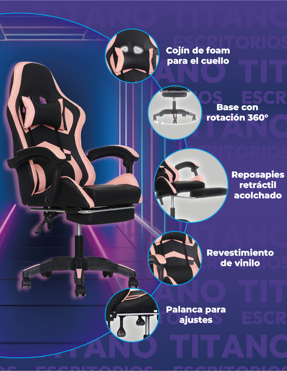 Foto 4 pulgar | Silla Gamer Ergonómica Con Reposapiés Raven Rosa