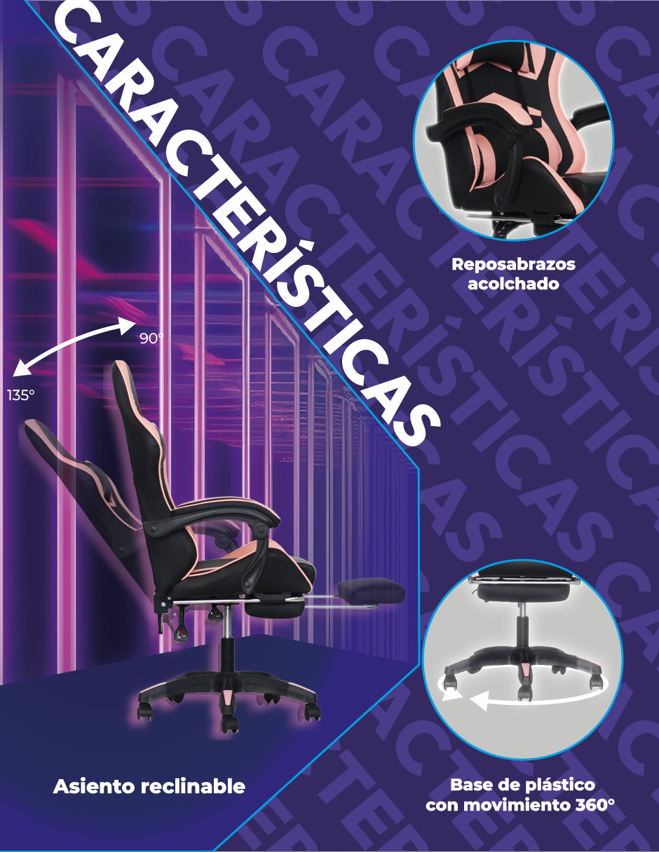 Foto 6 pulgar | Silla Gamer Ergonómica Con Reposapiés Raven Rosa