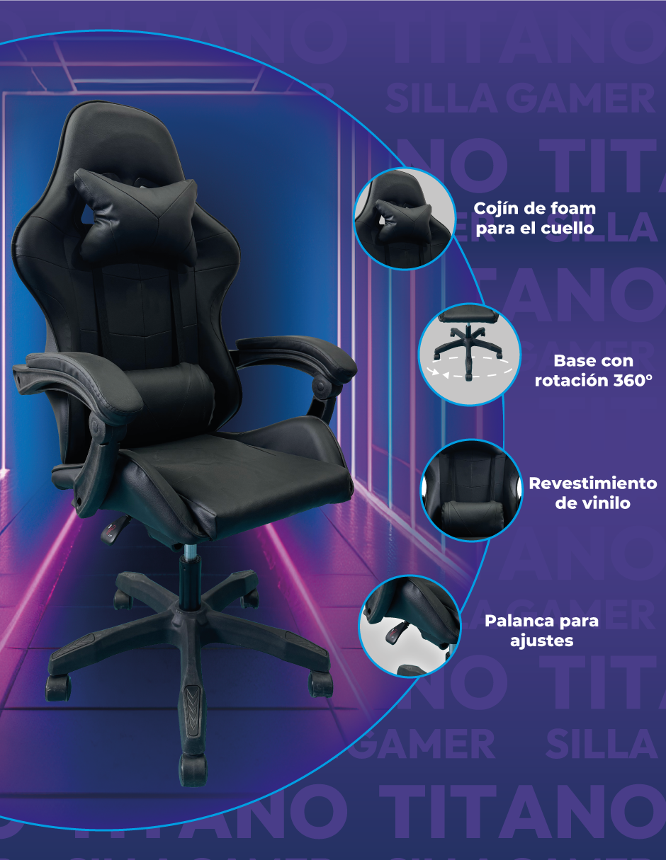 Foto 4 pulgar | Silla Gamer Titanio Ergonómica Sin Reposapiés Raven Negra