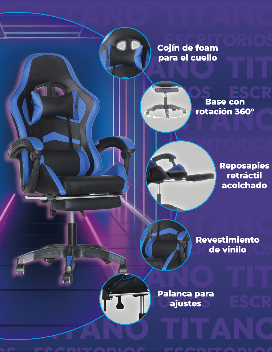 Foto 3 | Silla Gamer Ergonómica Titano sin Reposapiés Raven Azul