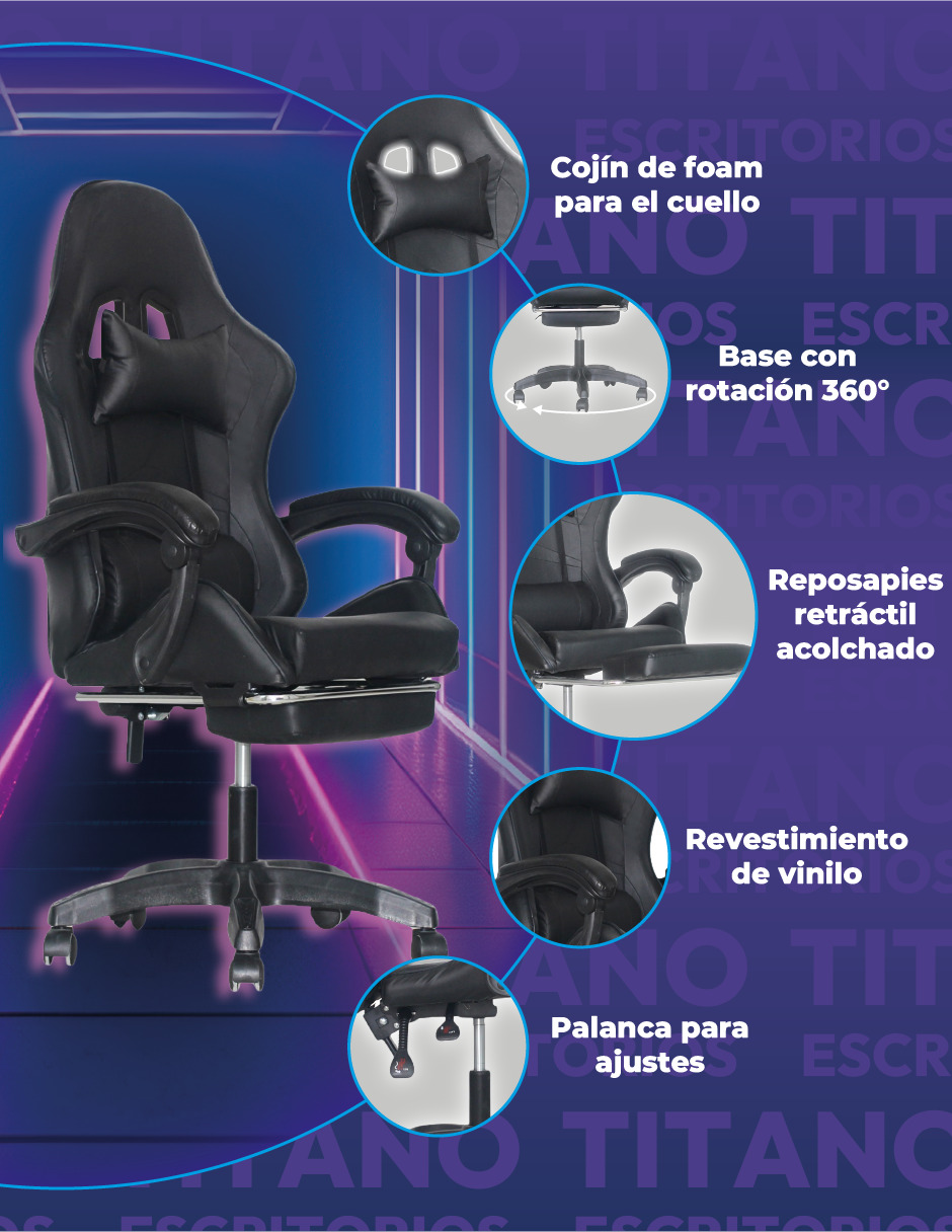 Foto 4 pulgar | Silla Gamer Ergonómica Titano sin Reposapiés Raven Negra