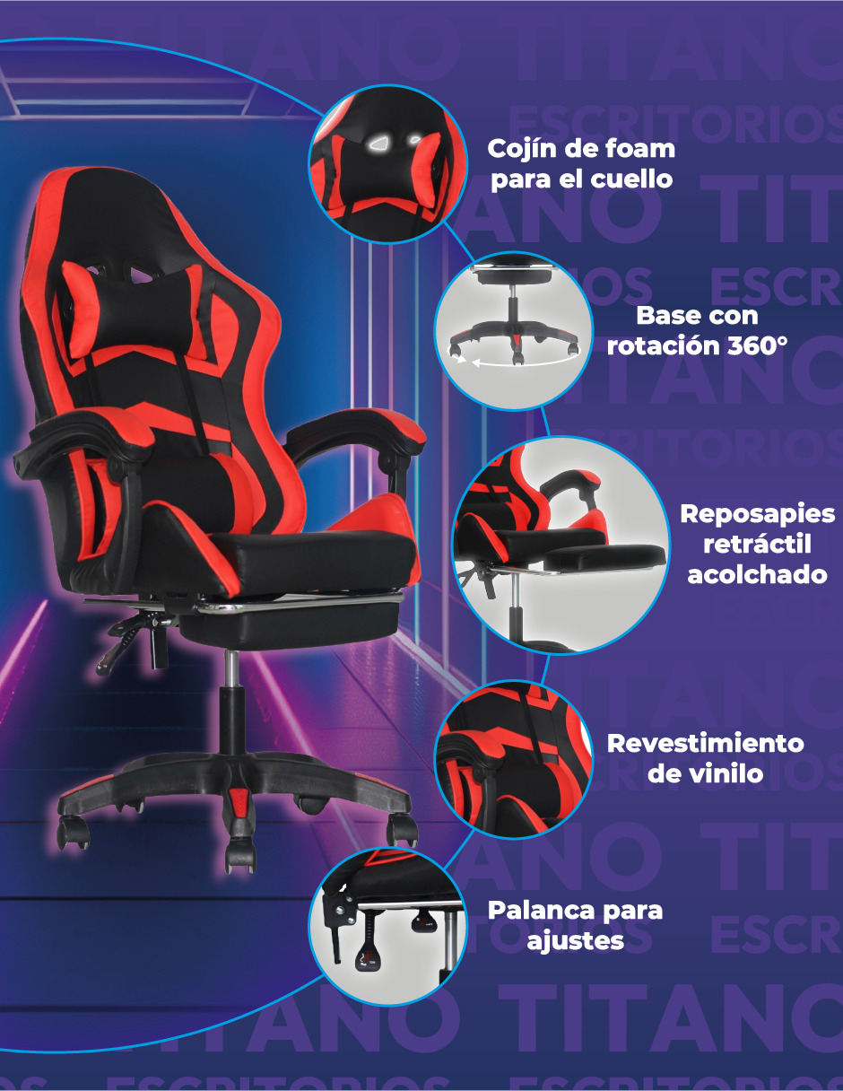 Foto 4 pulgar | Silla Gamer Titanio Ergonómica con Reposapiés Raven Roja