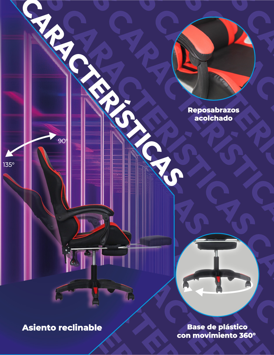 Foto 6 pulgar | Silla Gamer Titanio Ergonómica con Reposapiés Raven Roja