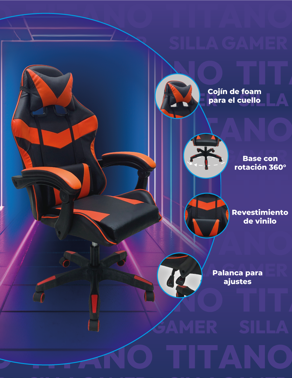 Foto 4 pulgar | Silla Gamer Titanio Ergonómica Sin Reposapiés Raven Rojo