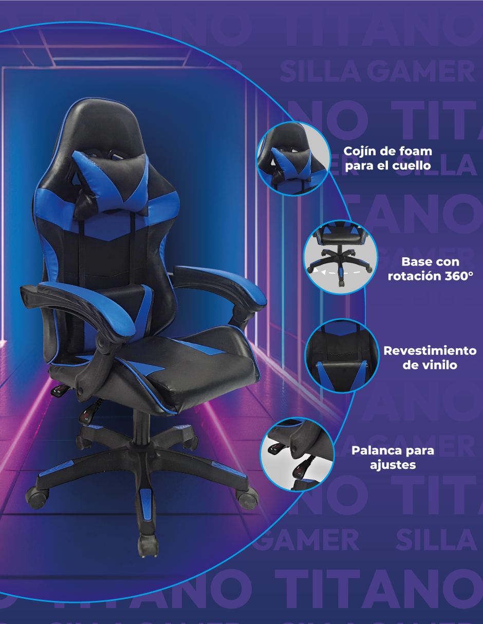 Foto 4 pulgar | Silla Gamer Titanio Ergonómica Sin Reposapiés Raven Azul