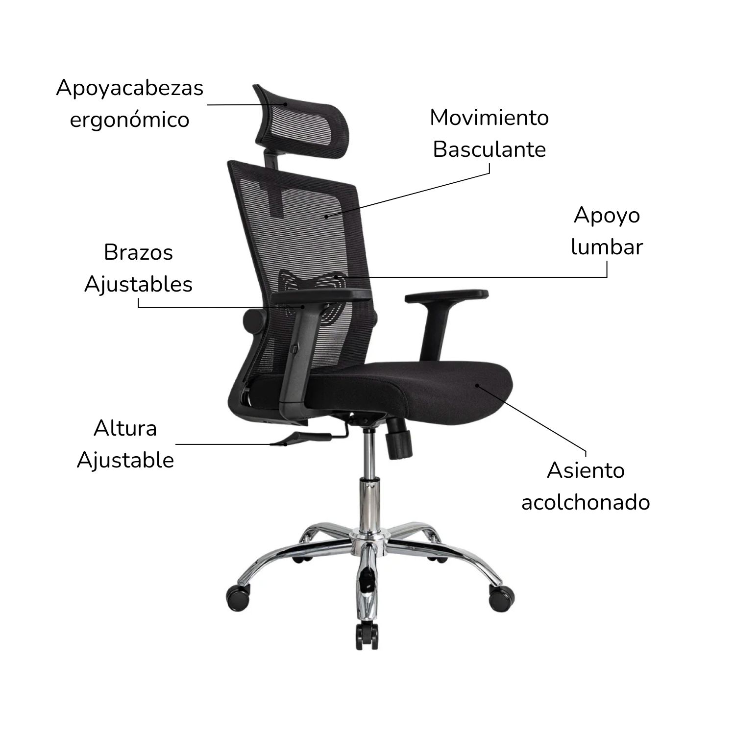 Foto 6 pulgar | Silla De Oficina Ergonómica Ergonomus Con Soporte Lumbar, Cabecero Y Brazos Abatibles Color Negro