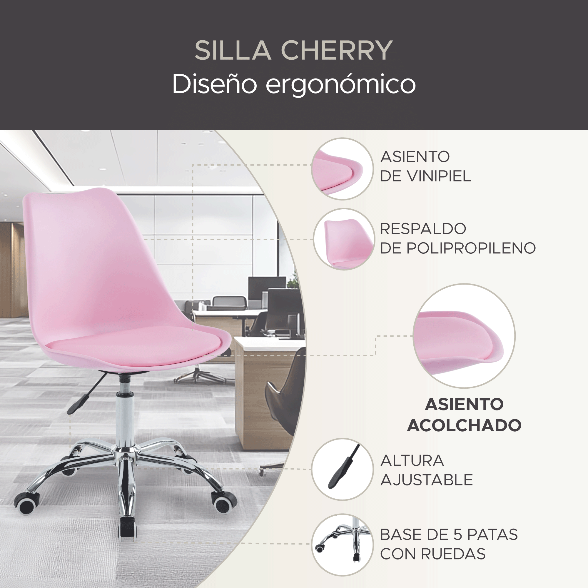 Foto 2 | Silla De Oficina Elly Cherry Color Rosa