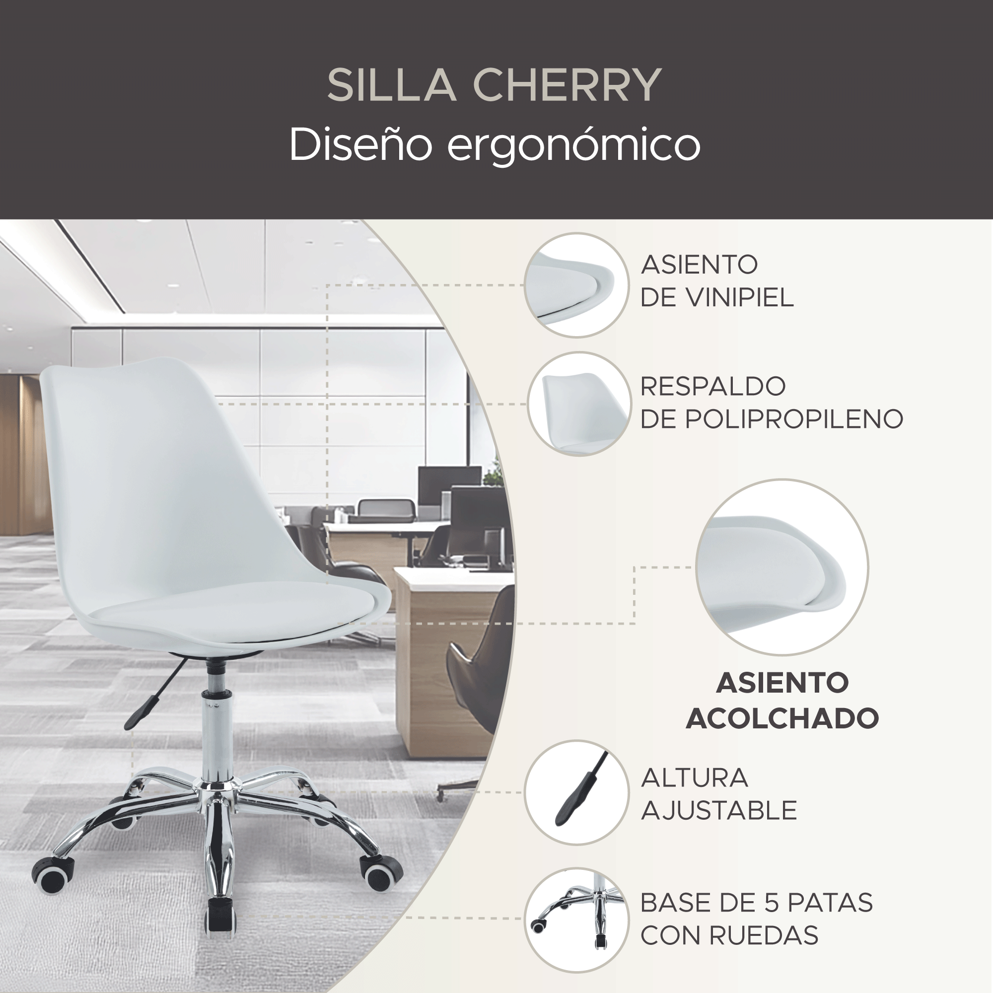 Foto 3 pulgar | Silla De Oficina Elly Cherry Color Blanco