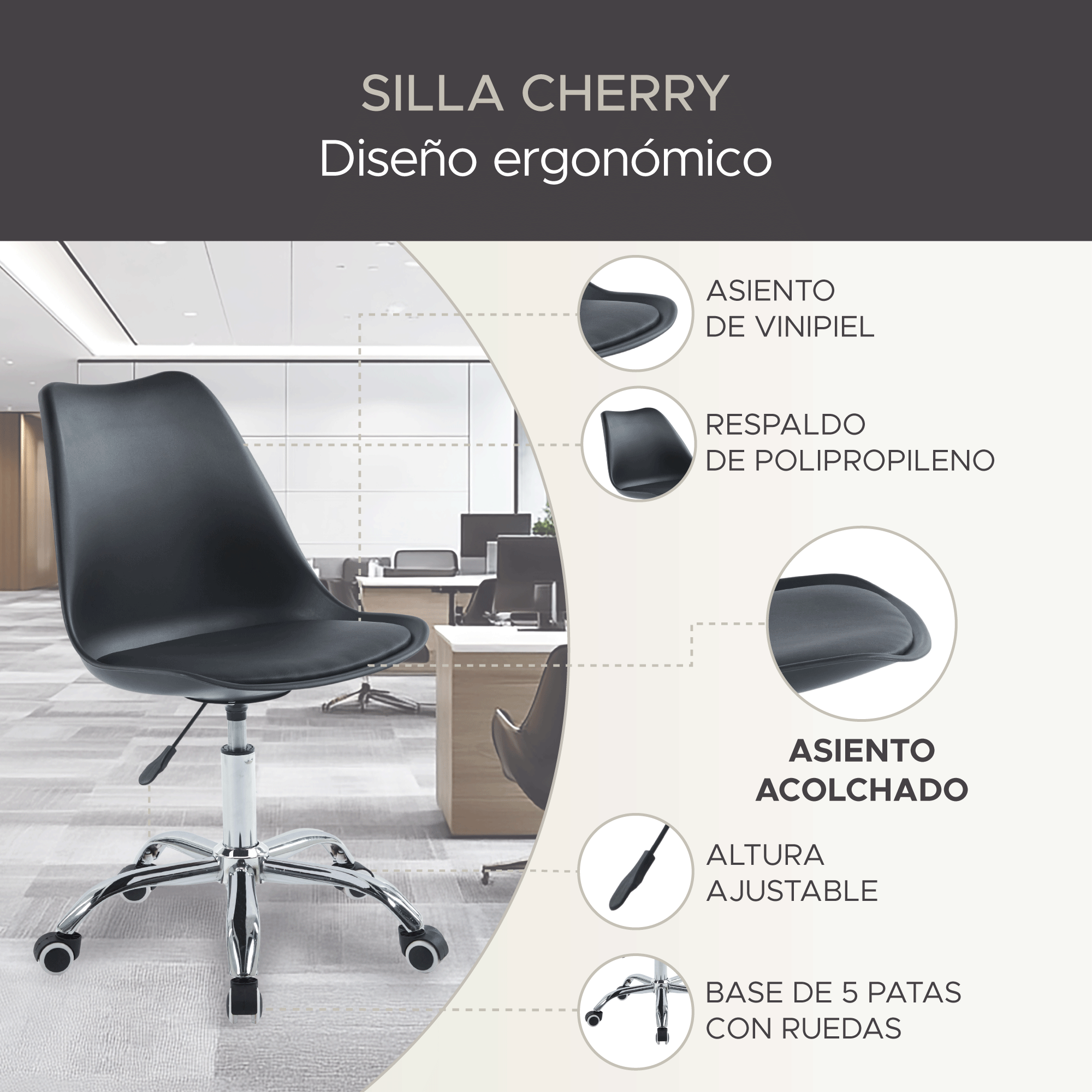 Foto 2 | Silla De Oficina Elly Cherry - Color Negro