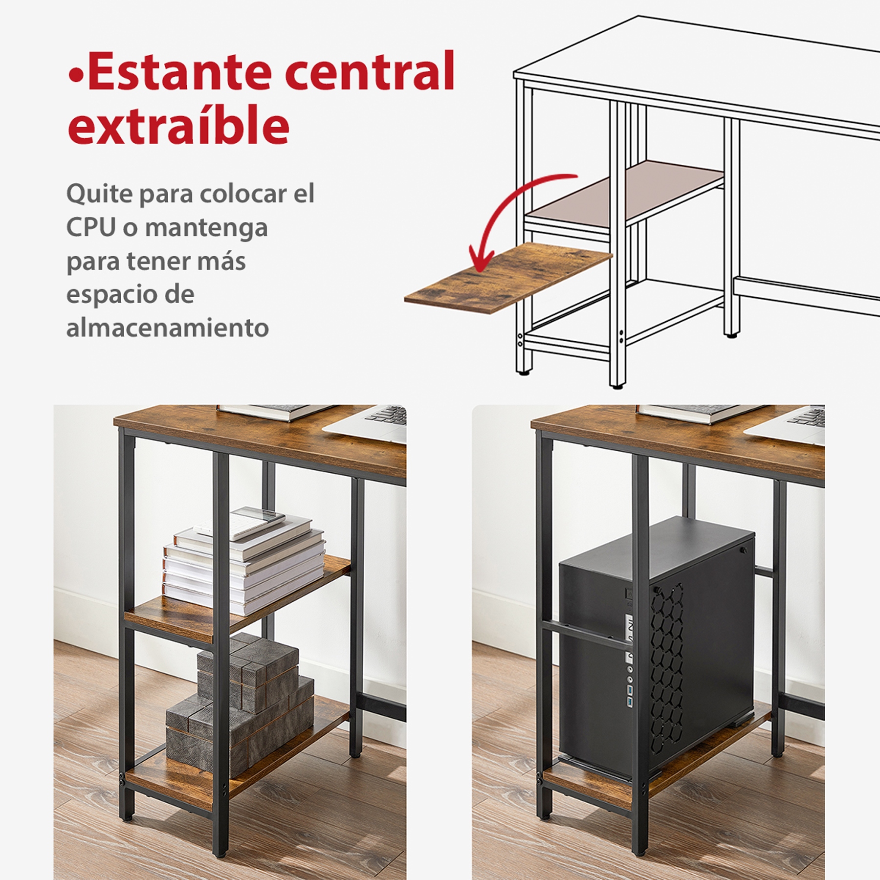 Foto 5 | Escritorio Para Computadora Café Estilo Industrial - 100x50x75 Cm, Mesa De Oficina Moderna Con Estructura Robusta