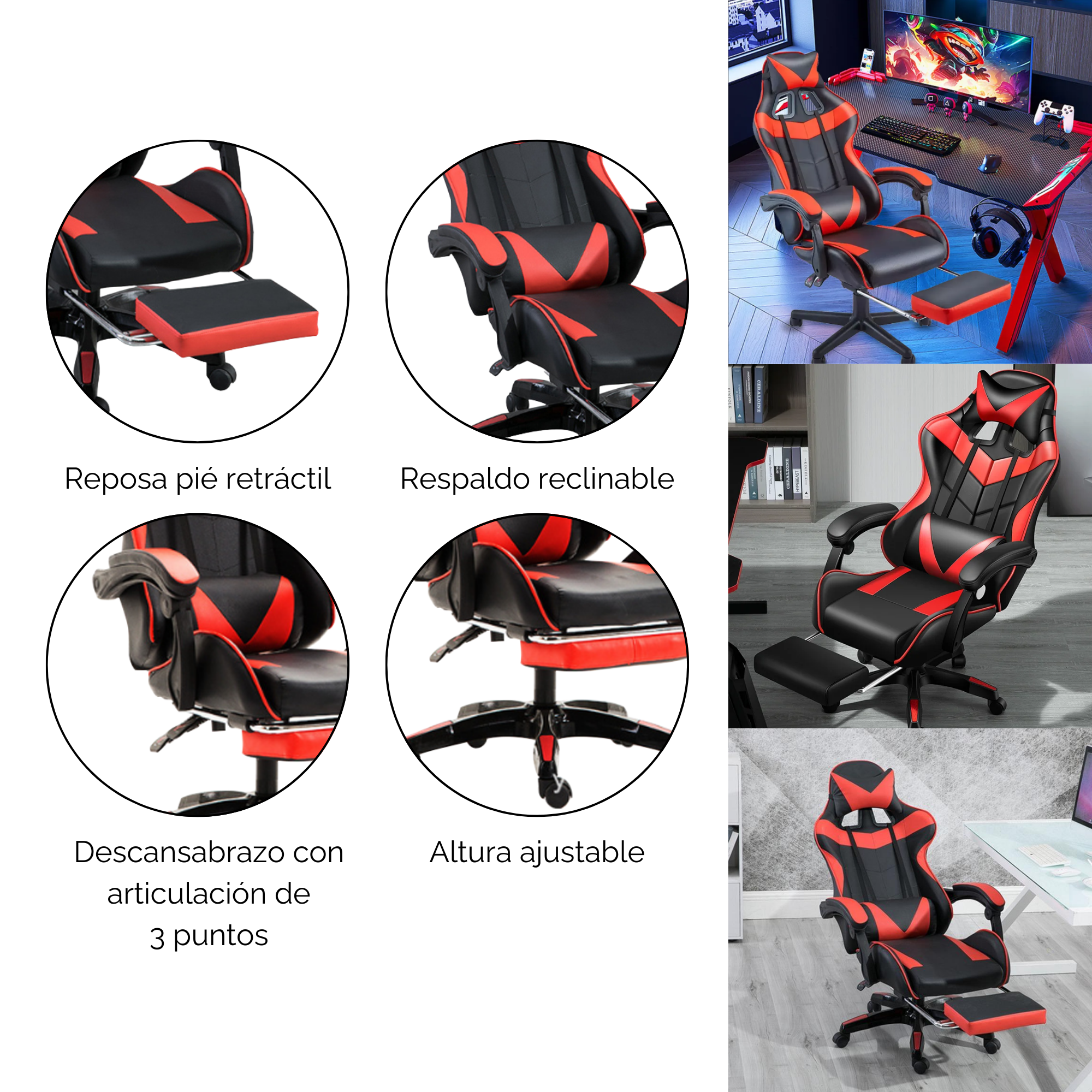 Foto 4 pulgar | Silla Gamer Reclinable Ergonómica con Reposapiés Roja