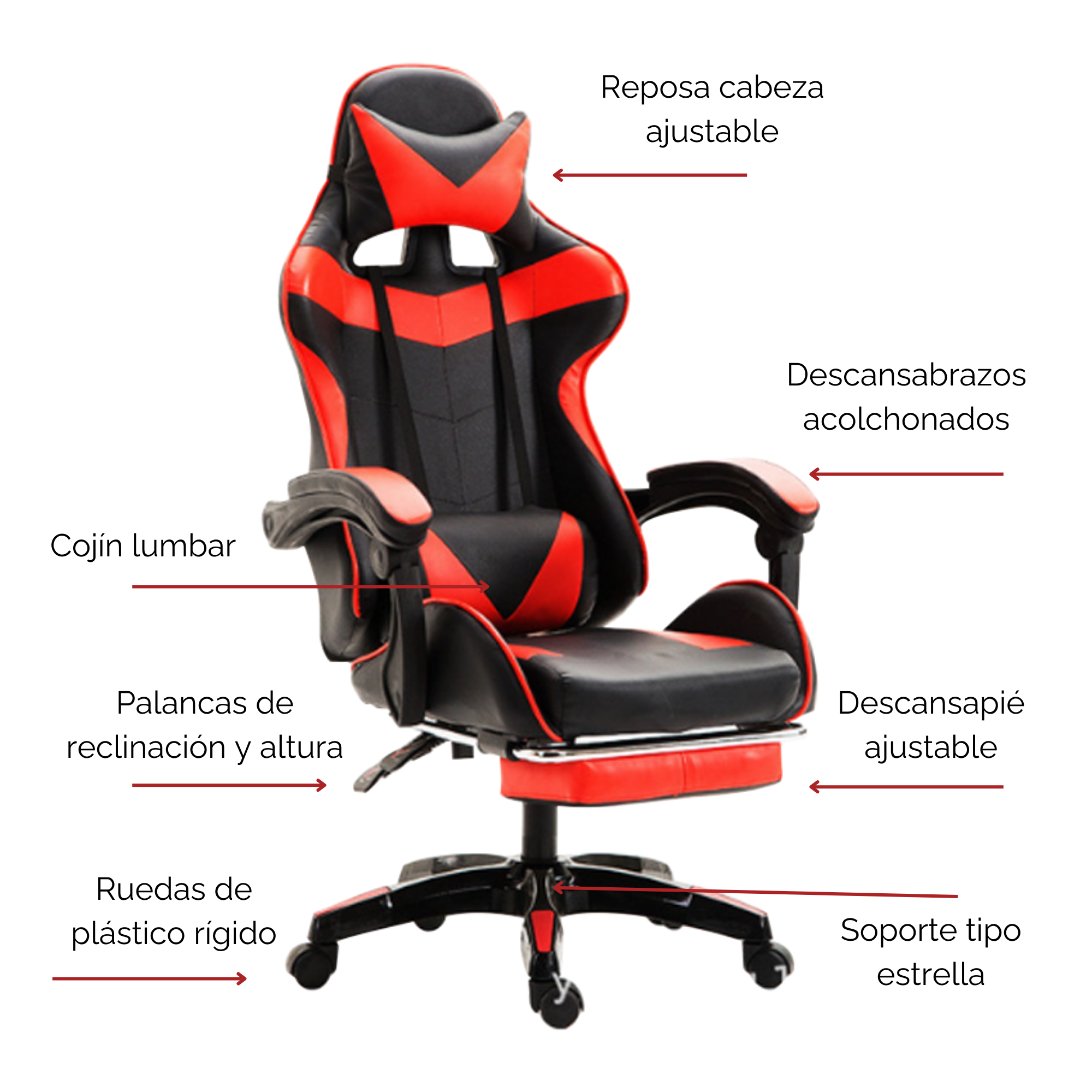 Foto 5 pulgar | Silla Gamer Reclinable Ergonómica con Reposapiés Roja