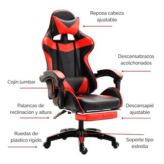 Foto 4 | Silla Gamer Reclinable Ergonómica con Reposapiés Roja