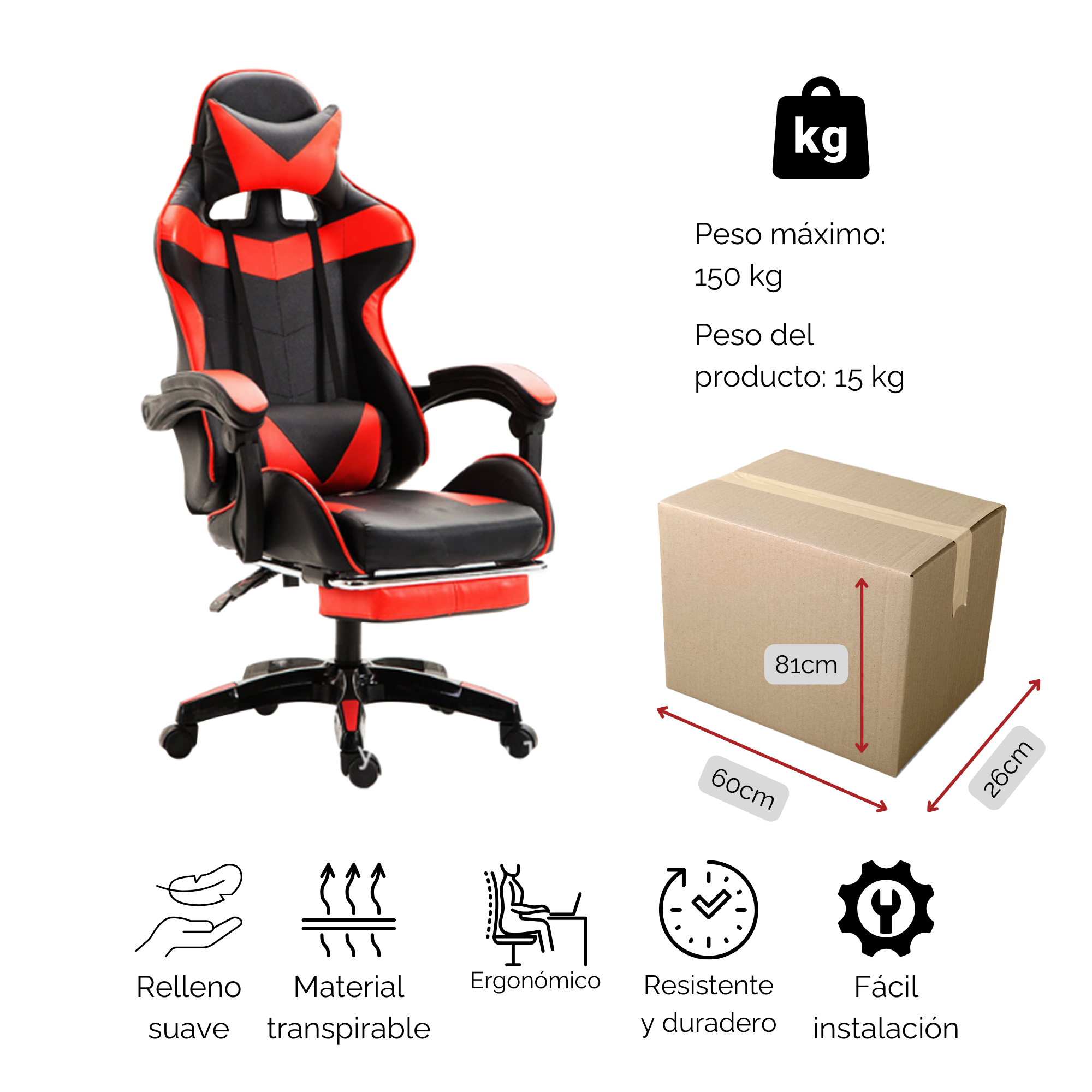 Foto 6 pulgar | Silla Gamer Reclinable Ergonómica con Reposapiés Roja