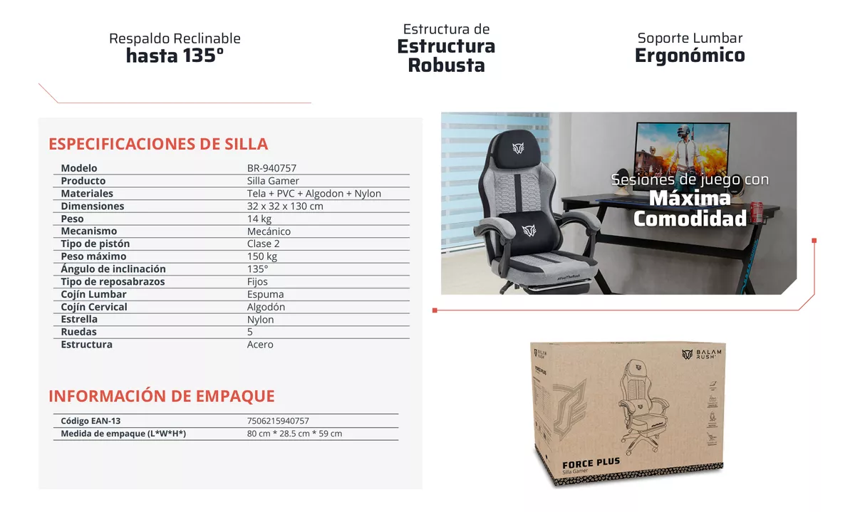 Foto 4 | Silla Gamer Force Plus Z1 Balam Rush, Inclinación 135°