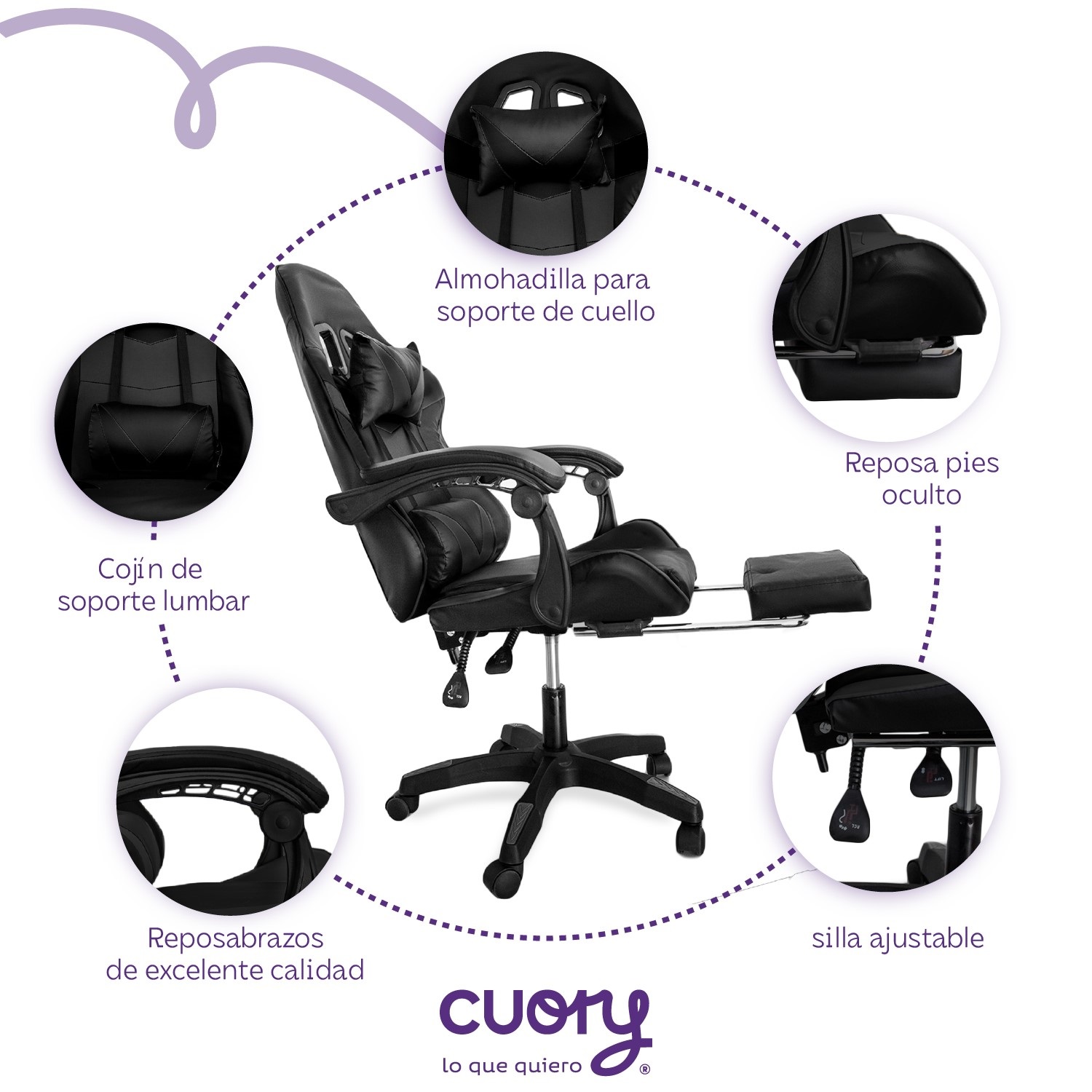 Foto 3 pulgar | Silla Gamer Ergonómica Reposapiés Reclinable Gaming Oficina Negro