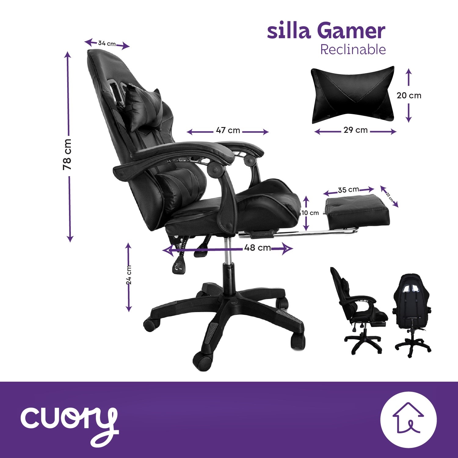 Foto 4 pulgar | Silla Gamer Ergonómica Reposapiés Reclinable Gaming Oficina Negro