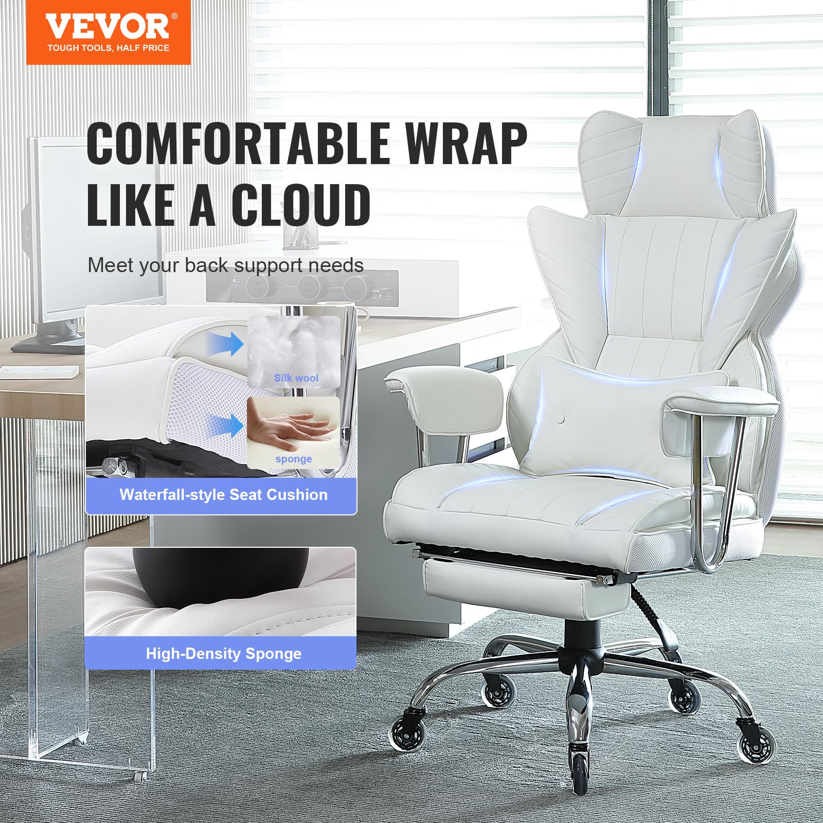 Foto 3 pulgar | Silla De Oficina Vevor Reclinable Con Reposapiés De Piel Sintética Blanca - Venta Internacional.