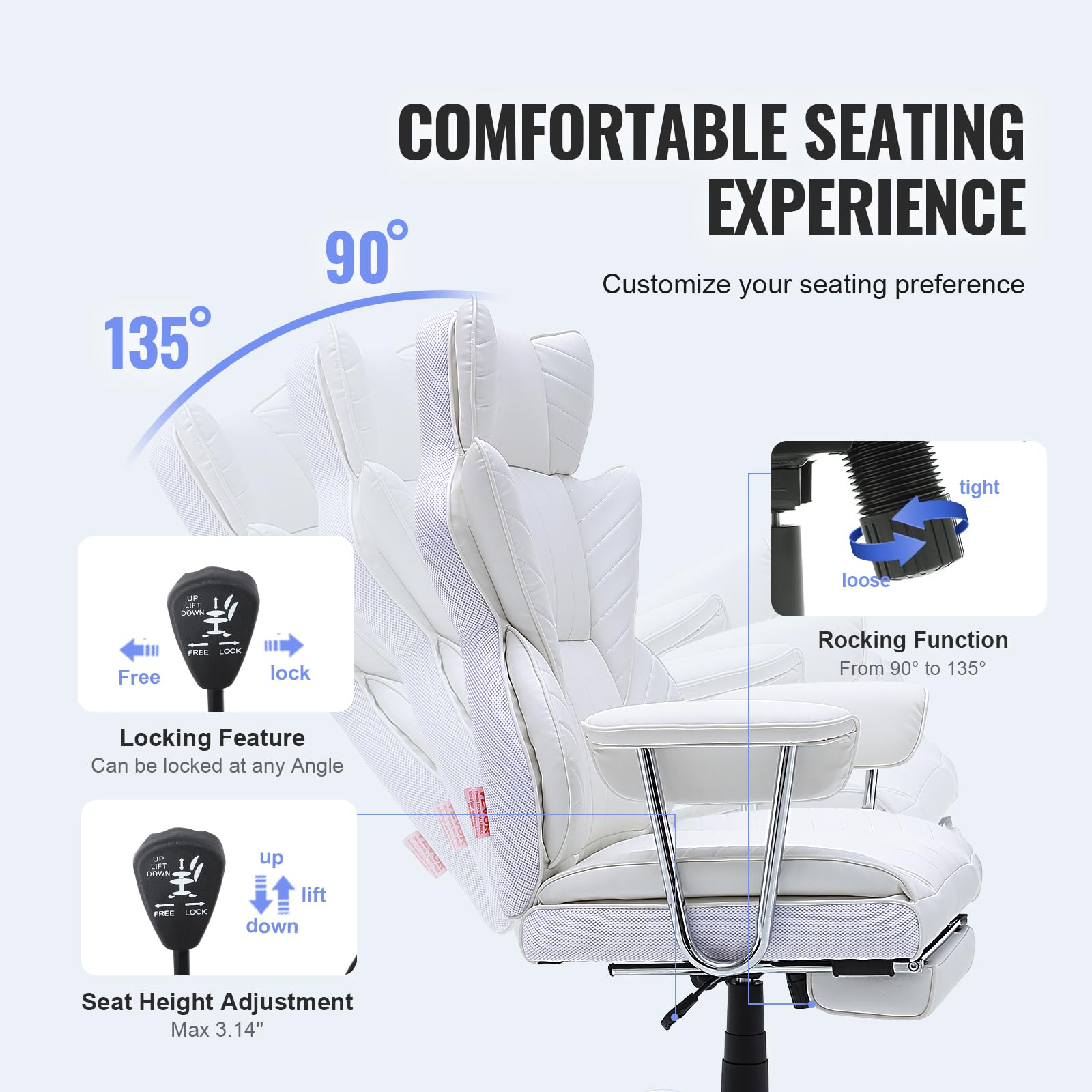 Foto 7 pulgar | Silla De Oficina Vevor Reclinable Con Reposapiés De Piel Sintética Blanca - Venta Internacional.