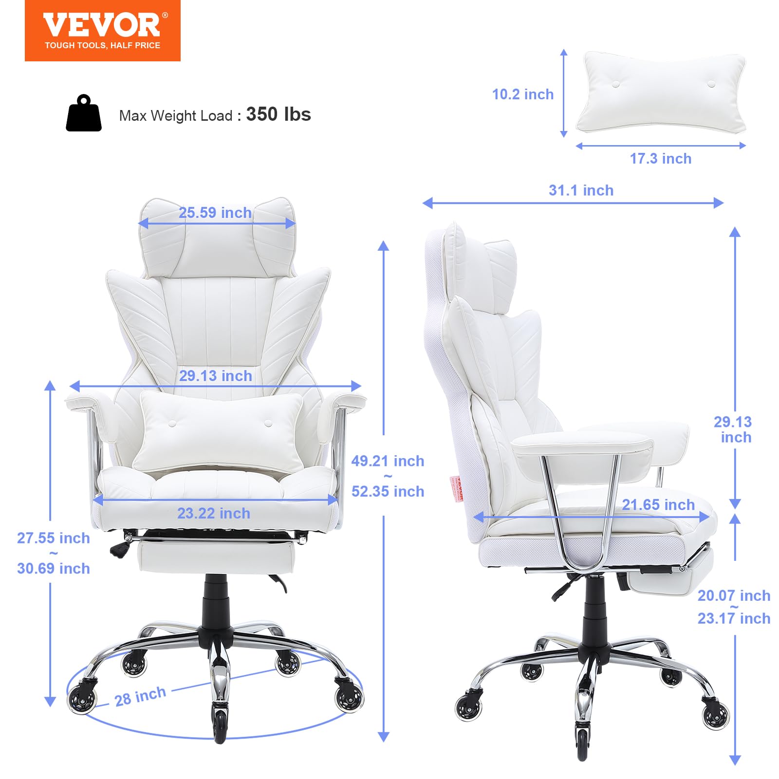 Foto 8 pulgar | Silla De Oficina Vevor Reclinable Con Reposapiés De Piel Sintética Blanca - Venta Internacional.