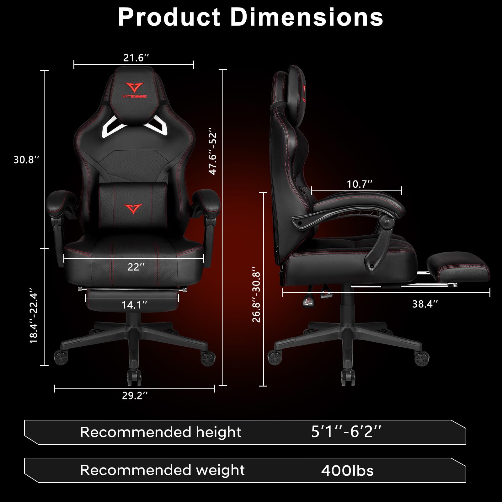 Foto 6 pulgar | Silla Para Videojuegos Vitesse, Grande Y Alta, 181 Kg, Con Reposapiés, Tapa De 400 Libras. - Venta Internacional.