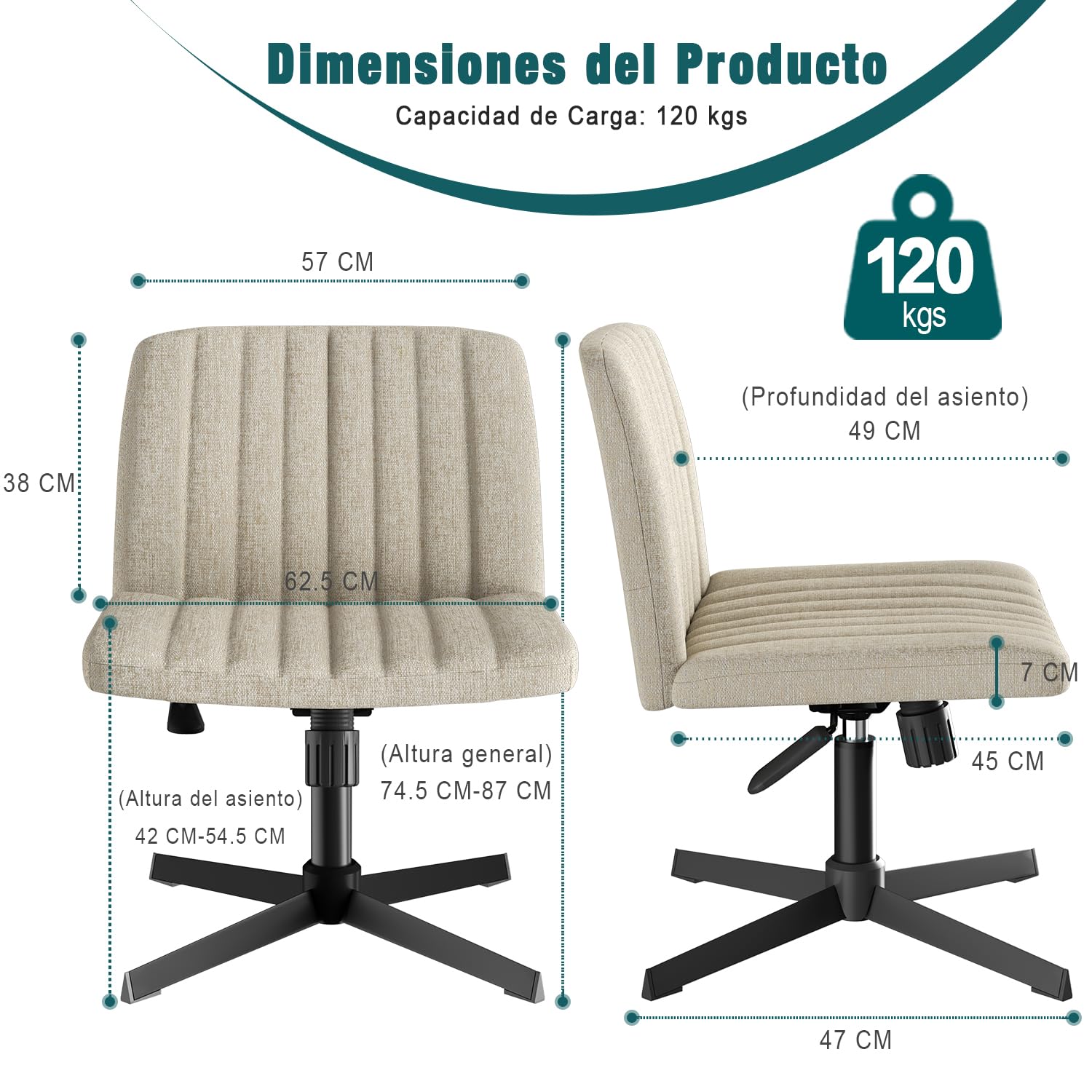Foto 4 pulgar | Silla De Oficina Furniturer Alintoner Beige 57 X 49 X 74.5-87 Cm