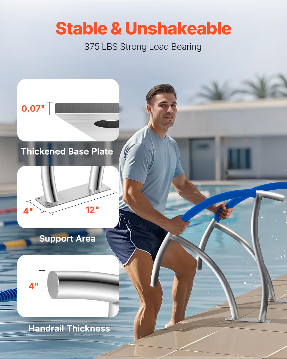 Foto 4 | Barandilla Para Escalera De Piscina Vevor, 30 X 30 Cm, Acero Inoxidable, 170 Kg De Capacidad - Venta Internacional.
