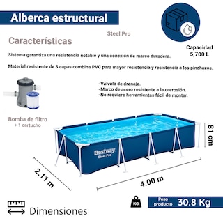 Foto 2 | Alberca Estructural Rectangular 400 Cm color Azul Plástico Bestway