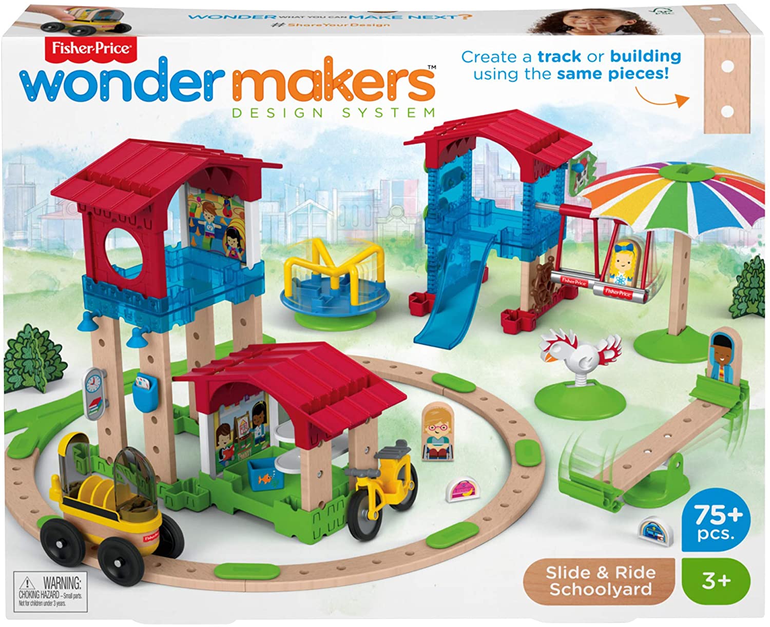 Fisher-price Wonder Makers Slide & Ride Schoolyard – Juego De Construcción Y Pista De Madera Para Niños De 3 Años Y