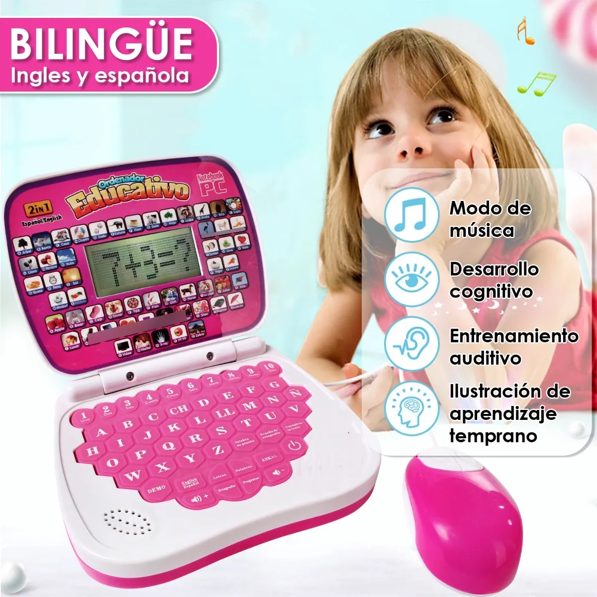 Foto 3 pulgar | Laptop De Juguete Belug Rosa Blanco