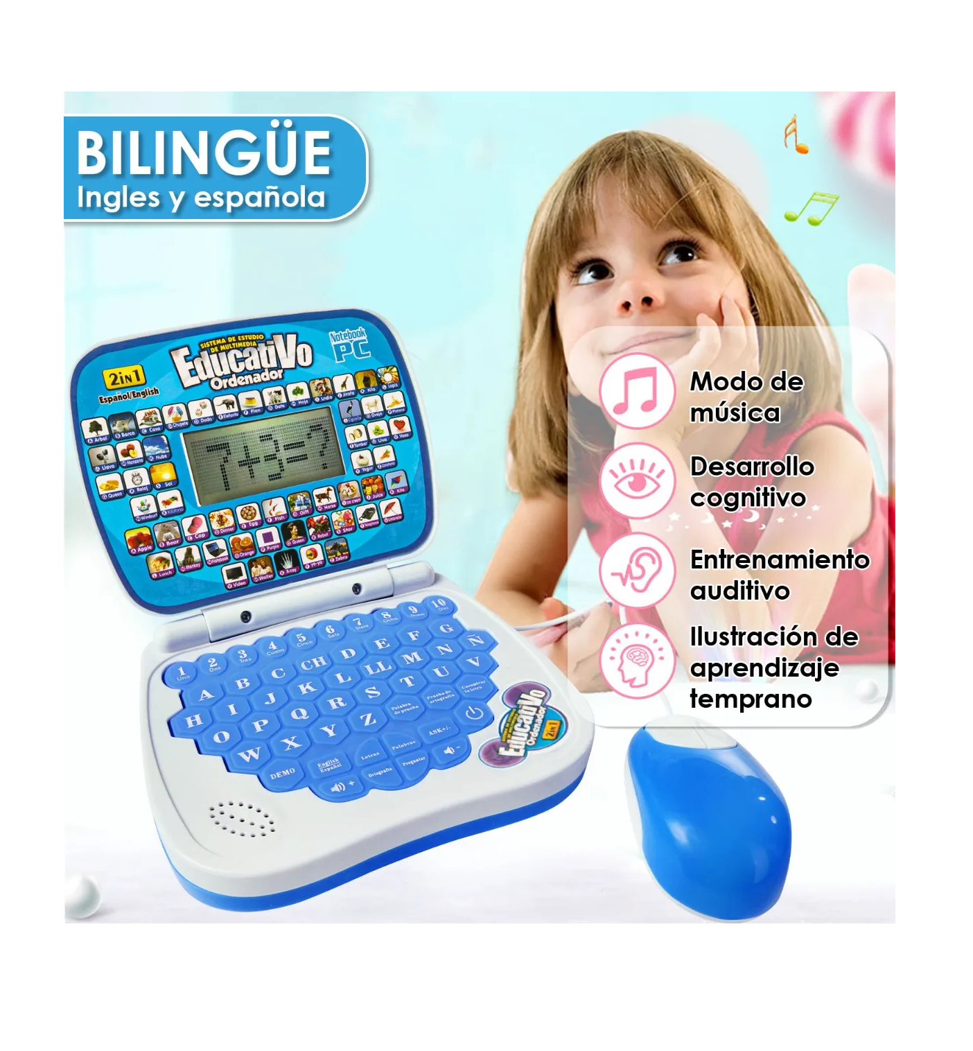 Foto 4 pulgar | Computadora Laptop De Juguete Aprendizaje Bilingüe Para Niño Azul