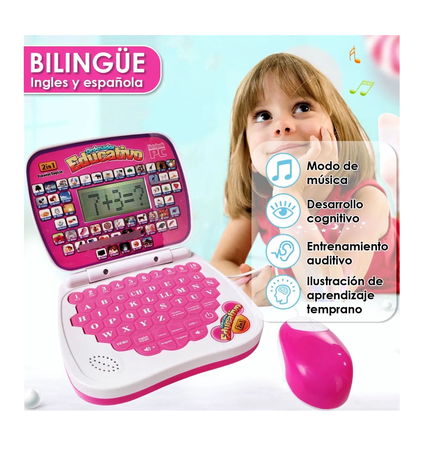 Foto 3 pulgar | Computadora Laptop De Juguete Aprendizaje Bilingüe Para Niño Rosa
