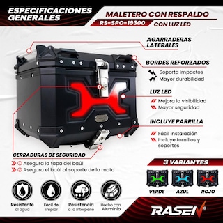 Foto 2 | Maletero Top Case Para Moto Rasen Luz Led Respaldo Parrilla