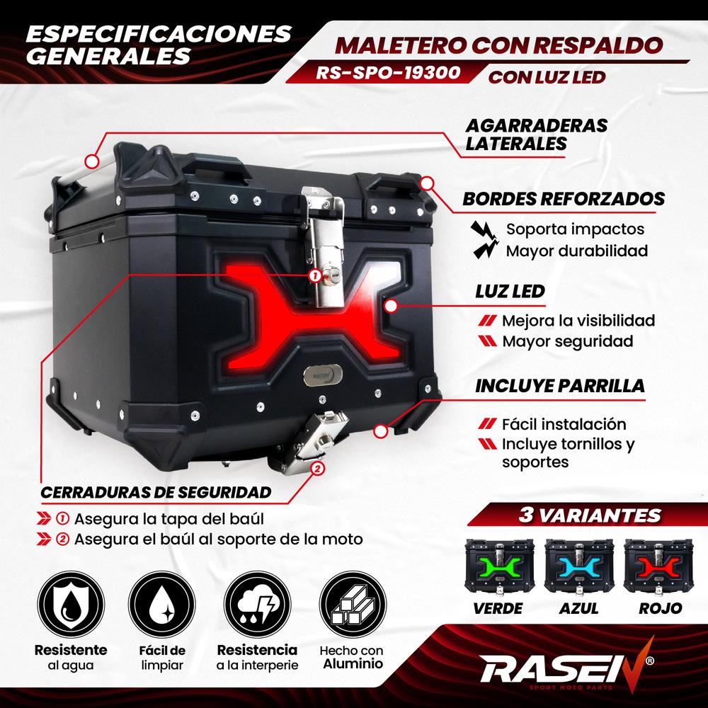 Foto 3 pulgar | Maletero Top Case Para Moto Rasen Luz Led Respaldo Parrilla